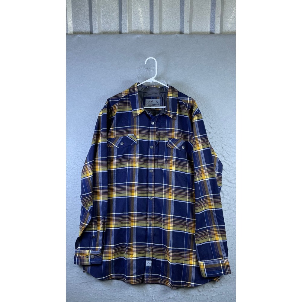 Legendary Outdoors Flannel Shirt Mens XLT Blue Yellow Excellent Plaid Snap Front